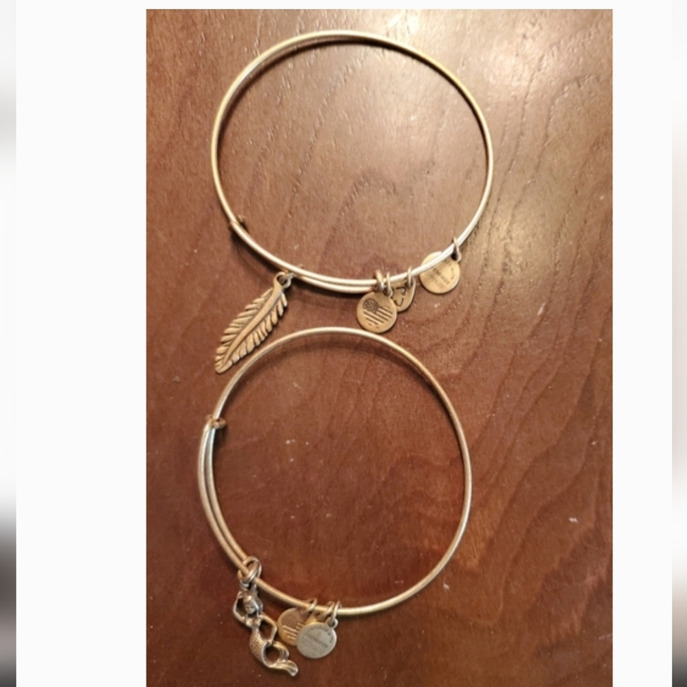 2 Alex and Ani Gold Tone/Brass Feather & Mermaid Bangle Bracelets